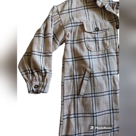 She + Sky Plaid Tan Oversized Long Sweater for Fall Cold Weather Button Up Small - Picture 2 of 5